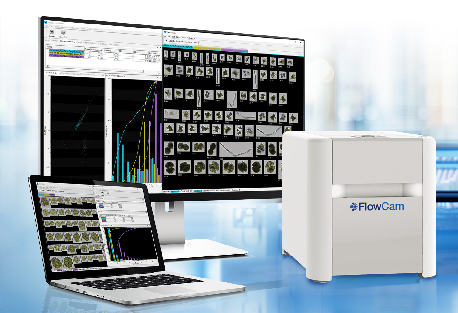 FlowCam instrument with monitor and laptop showing data and images